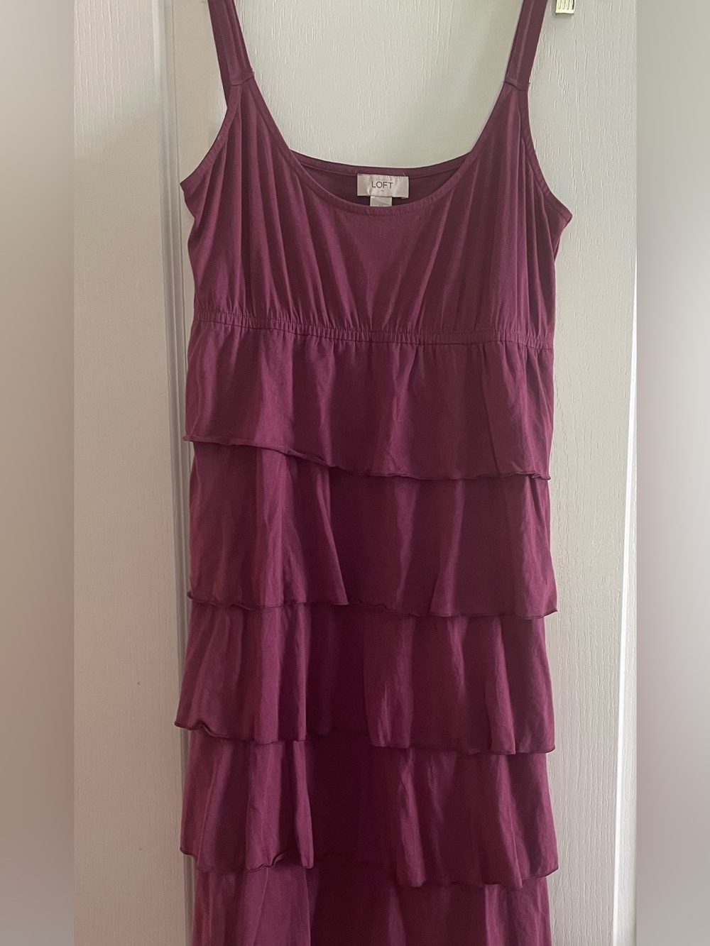 LOFT Wine Ruffle Tiered Spaghetti Strap Mini Dress Women’s Size M